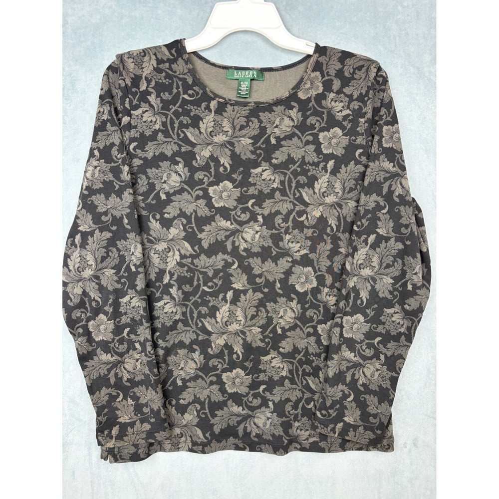 Lauren Ralph Lauren Womens XL Floral Damask Cotton Long Sleeve Top Grey Tan